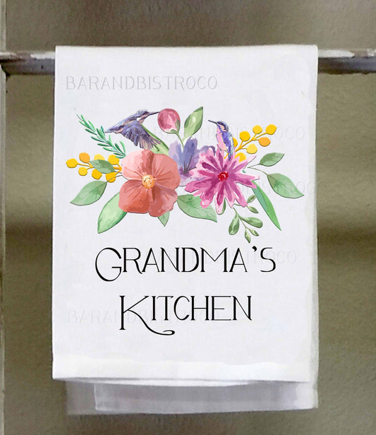 Hummingbird flowers ,Grandma, Gigi, Mimi, Nana, Nanny's Kitchen  Personalized Dish Towel you choose, watercolor flowers