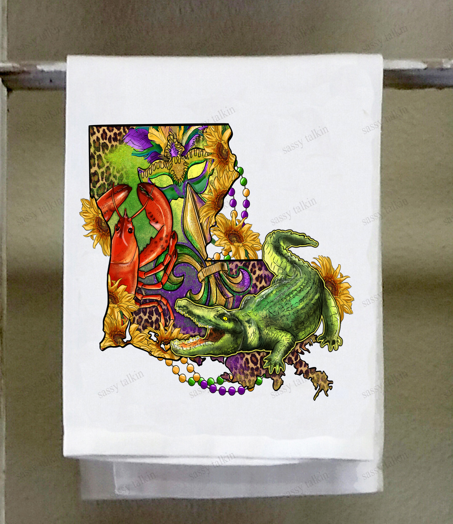 Mardi Gras Dish Towel, Mardi Gras State with Alligator and Crawfish