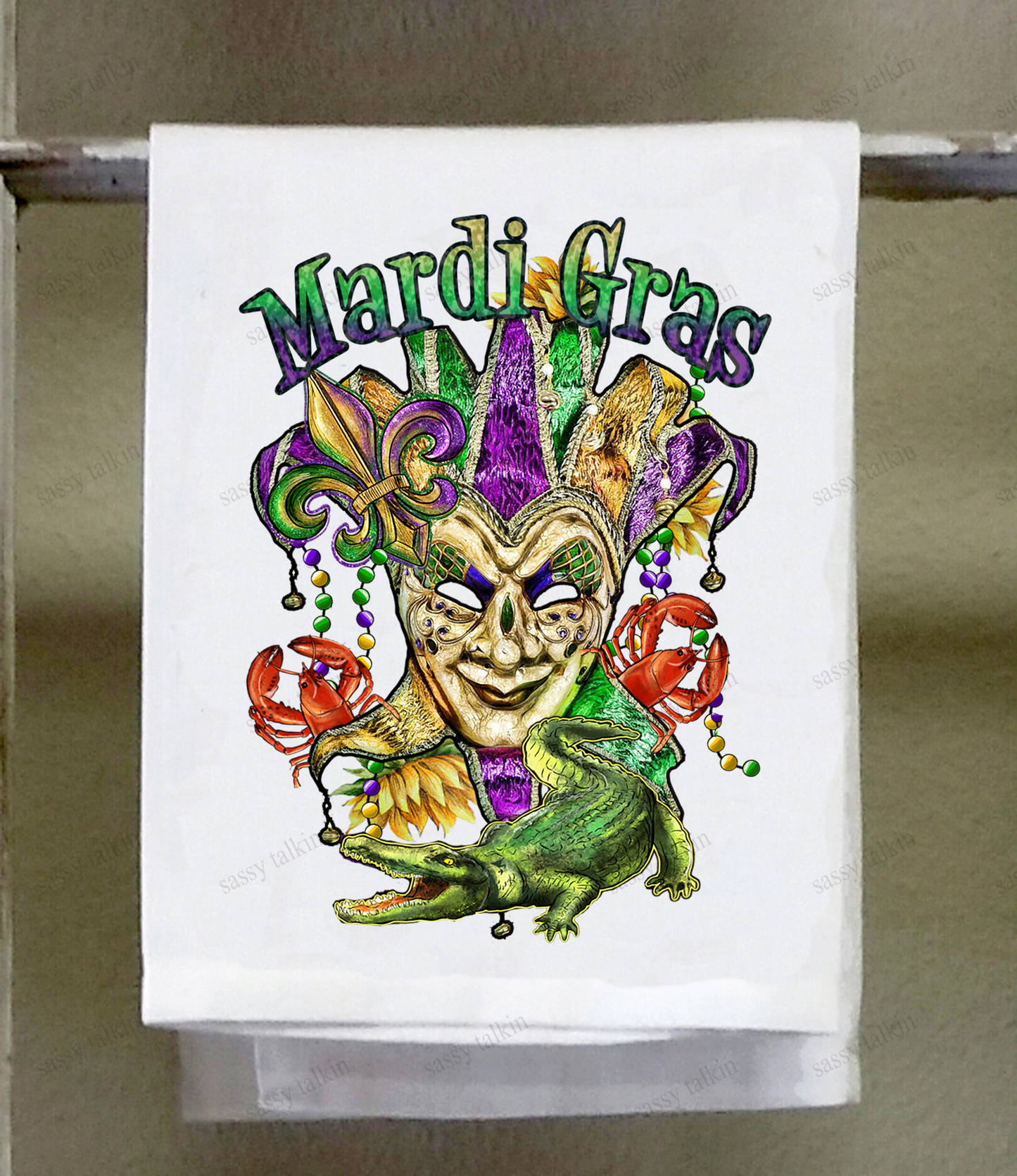 Mardi Gras Dish Towel, Mardi Gras Jester with crawfish and alligator