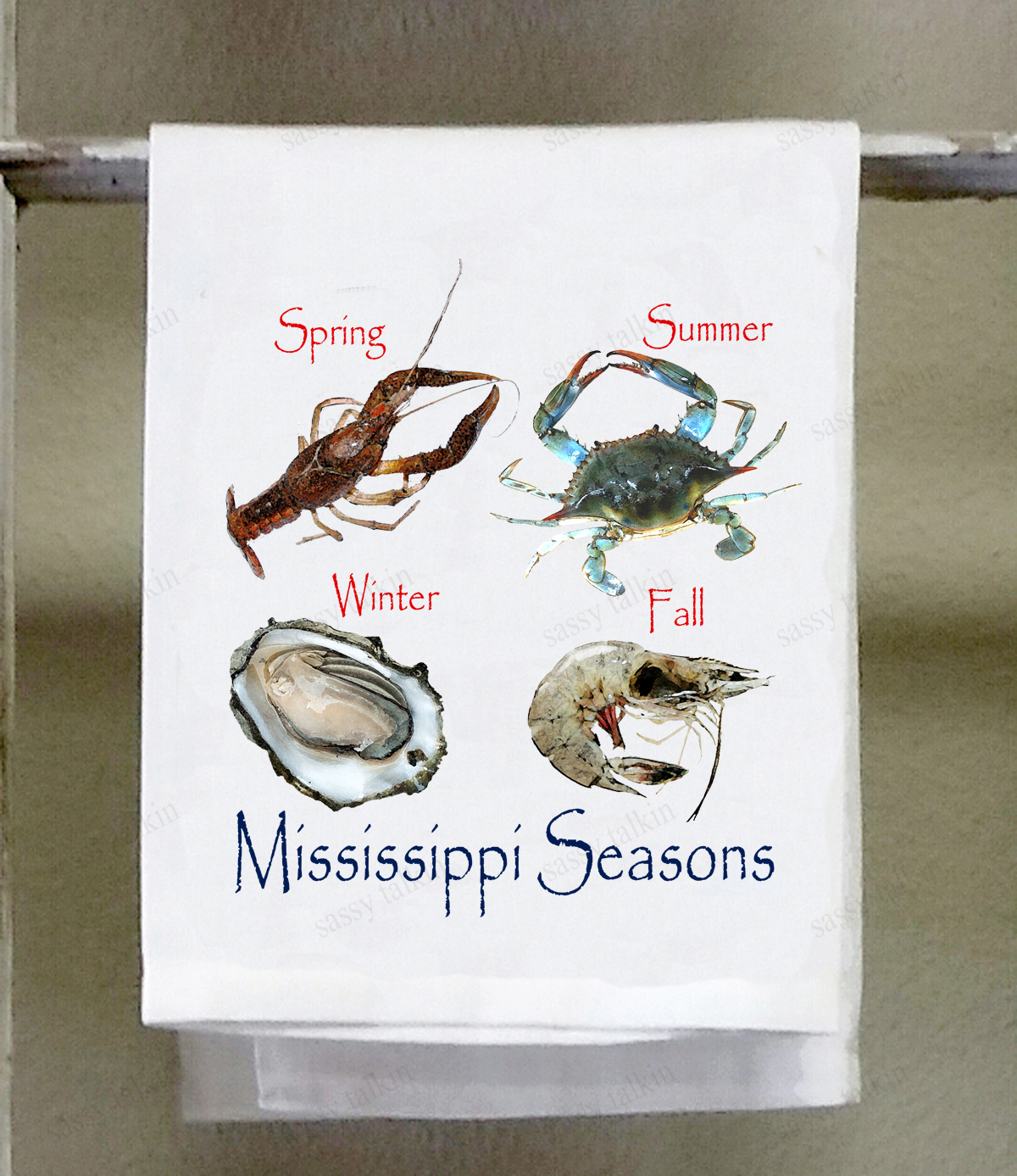 Seafood, Dish towel, Seasons Spring, Crawfish Crab Oyster Shrimp