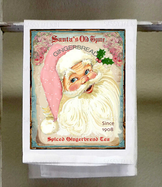 Christmas, Dish towel , Santa, Vintage Pink and Teal