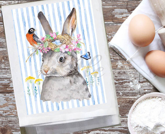 Easter Dish Towel, Rabbit with robin on blue strips