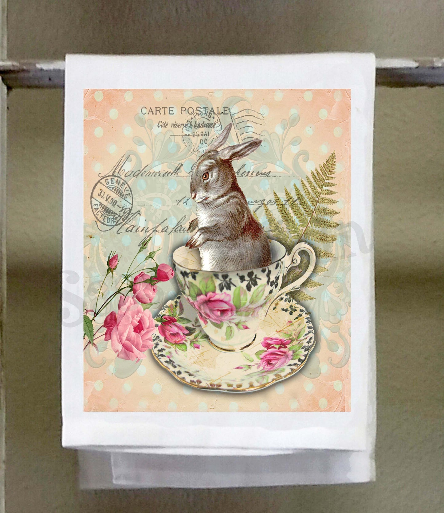 Easter Dish Towel, Easter Postcard, Gray rabbit in white teacup