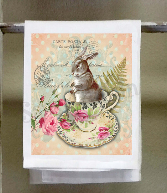 Easter Dish Towel, Easter Postcard, Gray rabbit in white teacup