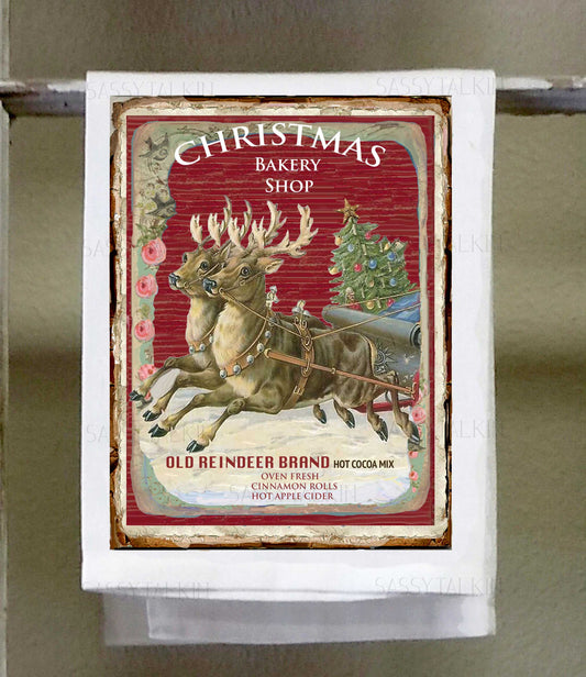 Christmas, Dish towel , Reindeer, red vintage