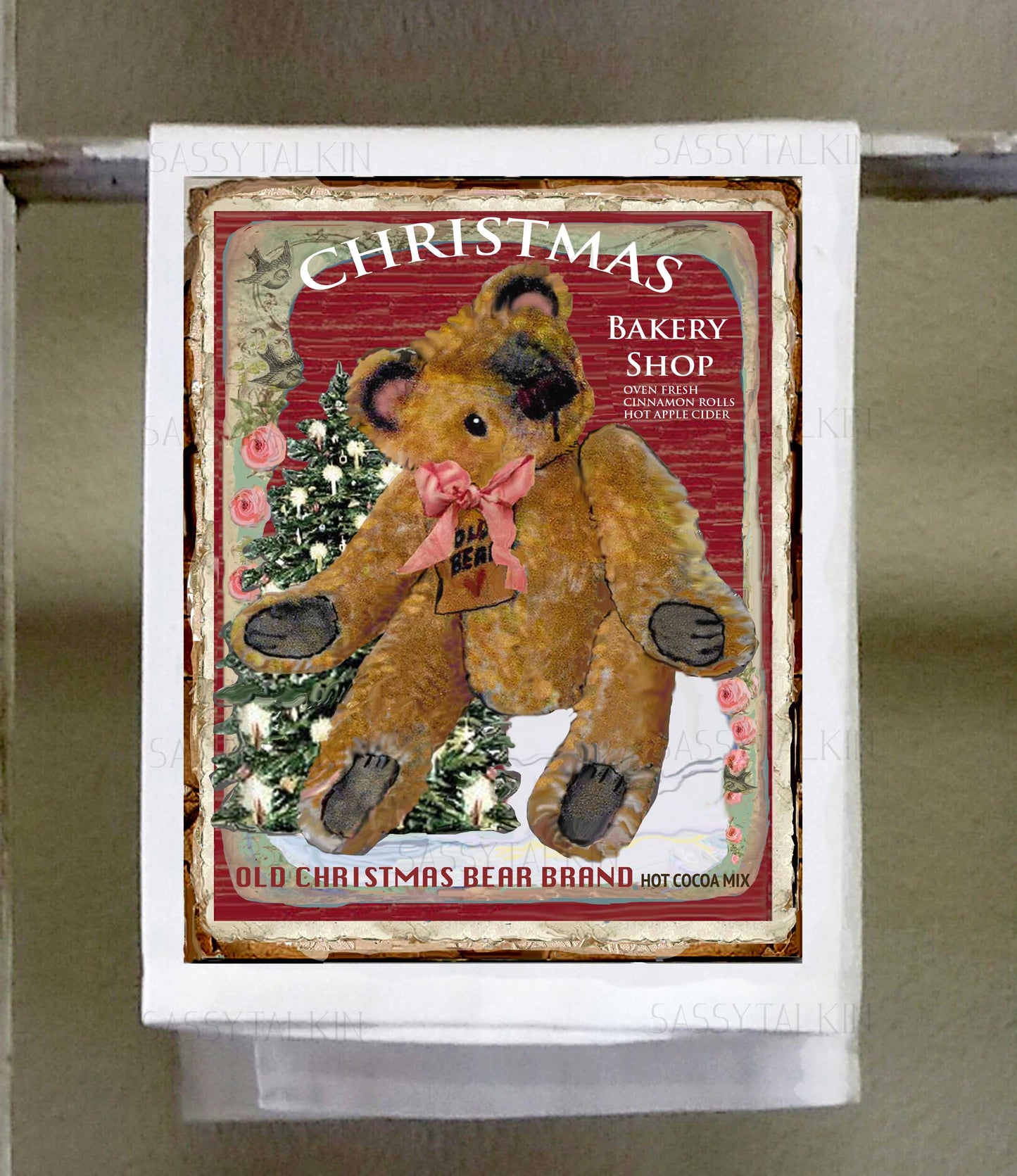 Christmas, Dish towel , Teddy Bear, Vintage Red