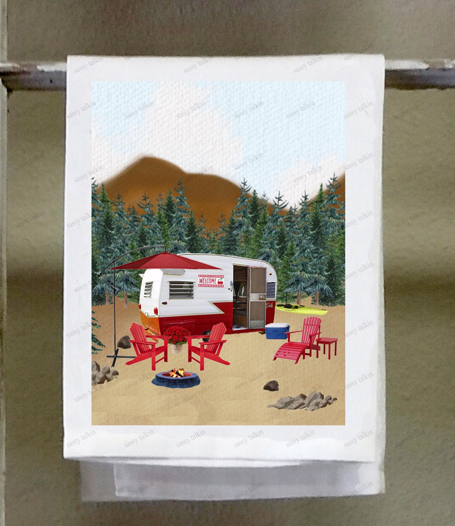 Camper Dish Towel, Red and White Campsite with mountains