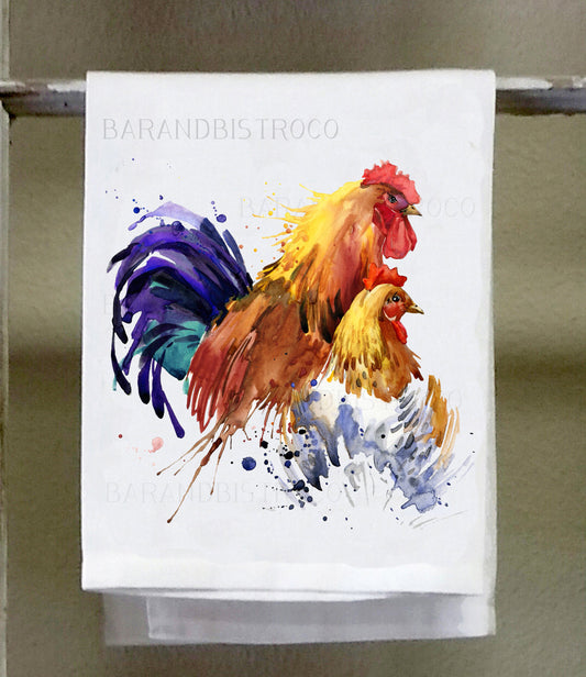 Dish towel, watercolor chicken and rooster