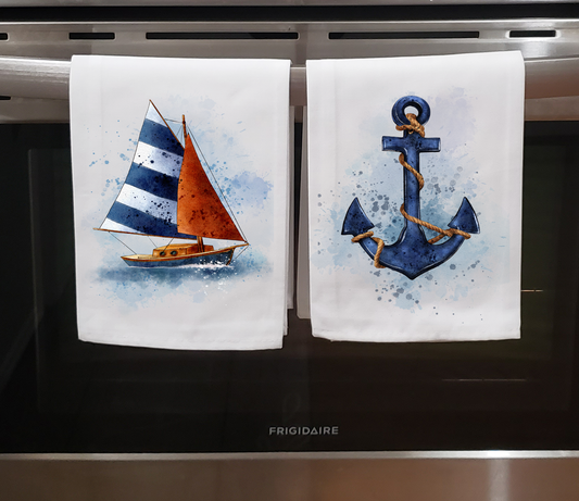 Beach, Dish Towel, Blue Anchor or Sailboat