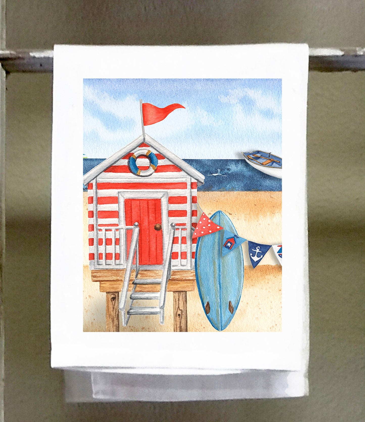 Beach, Dish Towel, Beach Cabanas, Red or Green